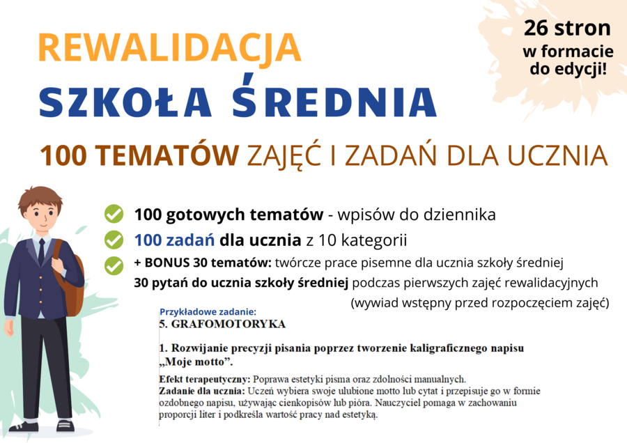 REWALIDACJA Szkoła średnia 100 gotowych wpisów do dziennika i zadań dla ucznia + BONUS