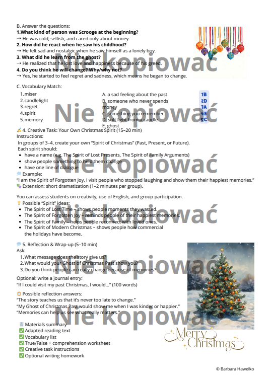 Karta pracy +scenariusz lekcji "The Ghost of Christmas Past" (B1)