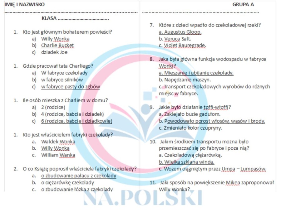 Kartkówka z treści "Charlie i fabryka czekolady"