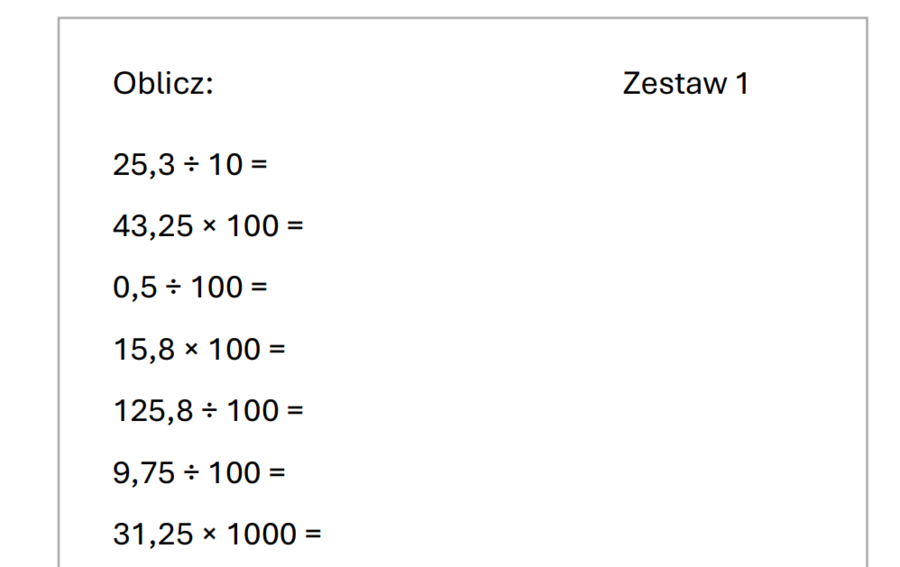 200 Przykładów - Mnożenie i Dzielenie przez 10, 100, 1000 - Przesuwanie Przecinka