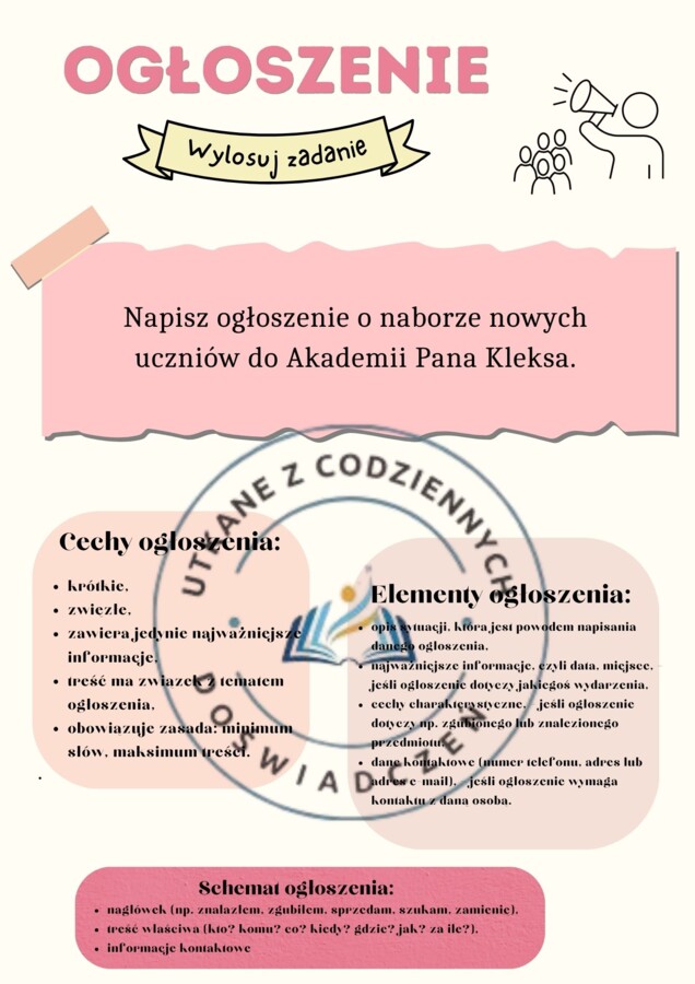 Ćwiczenia w redagowaniu ogłoszeń związanych z lekturami- zestaw 50 kart graficznych
