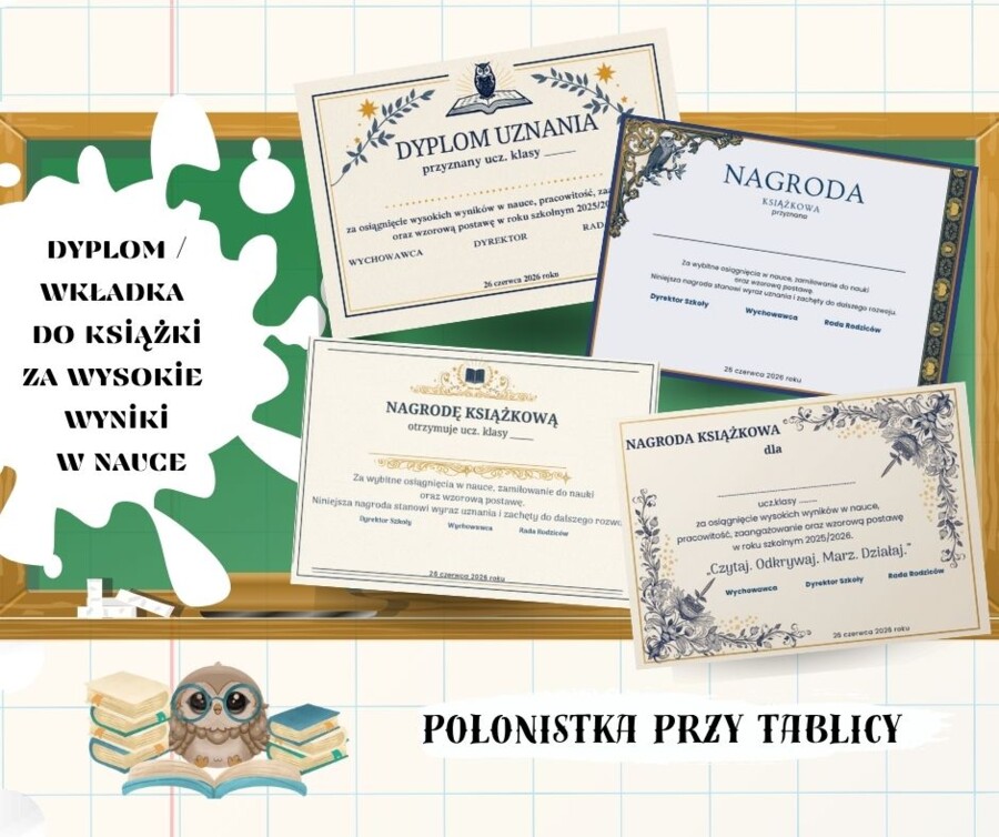 PAKIET 4 ELEGANCKICH DYPLOMÓW I WKŁADEK DO NAGRÓD KSIĄŻKOWYCH dyplom wkładka nagroda