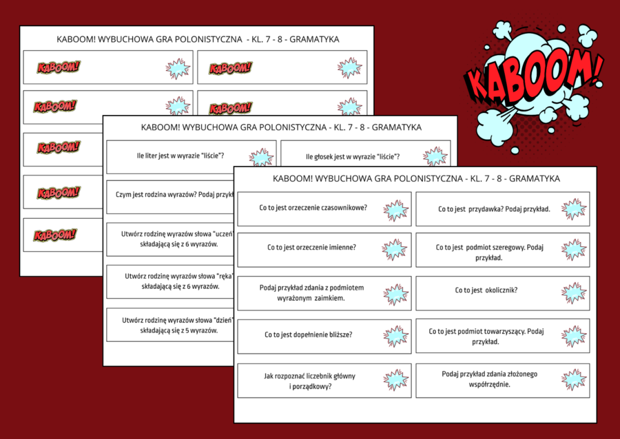 KABOOM! - Wybuchowa Gra Polonistyczna - kl. 7 - 8 - GRAMATYKA - nauka o języku - 110 pytań