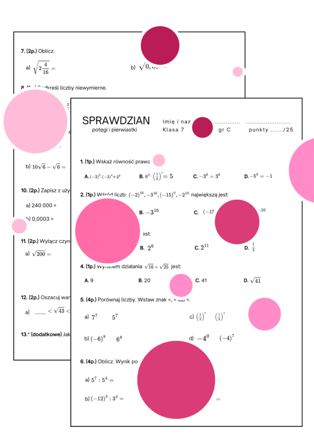 Sprawdzian. Potęgi i pierwiastki. Klasa 7. GWO