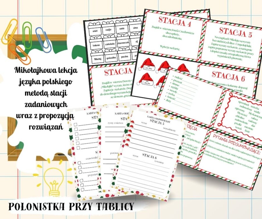 Mikołajki na języku polskim, lekcja mikołajkowa, stacje zadaniowe, stanowiska klasy 4-6