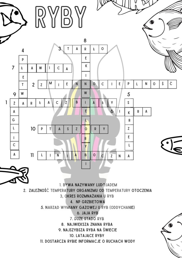 Krzyżówka powtórzenie wiadomośći RYBY