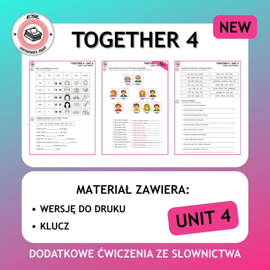 Together 4 Unit 4 - zestaw: Vocabulary + Grammar Activities + Board Game + Speaking test + kartkówki i test