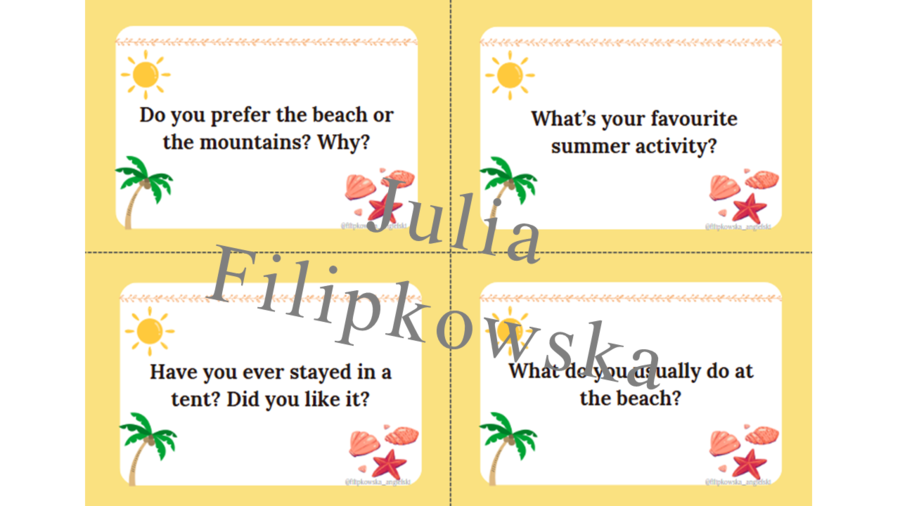 Summer Holidays / Lato / Wakacje / Karty do mówienia/ Mówienie/ Speaking/ Konwersacje/ Klasy 4-6/ Klasy 6-8/ Liceum/ SP/ Warm-up/ Rozgrzewka