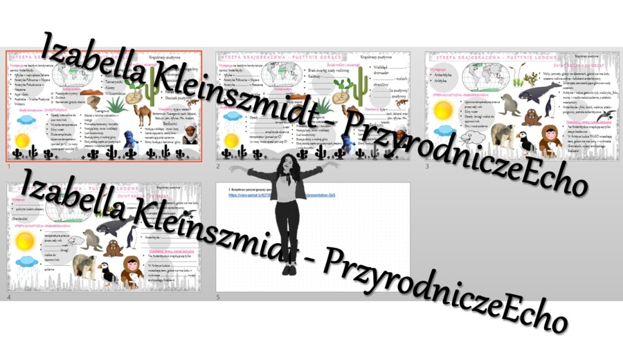 Minizestaw na temat „Krajobrazy pustyni gorącej i pustyni lodowej”– sketchnotka + karta pracy w power point + gratisowy link do prezentacji multimedialnej niekomercyjnej wykonanej w genial.ly do indywidualnego pobrania i użycia do celów niekomercyjnych. 