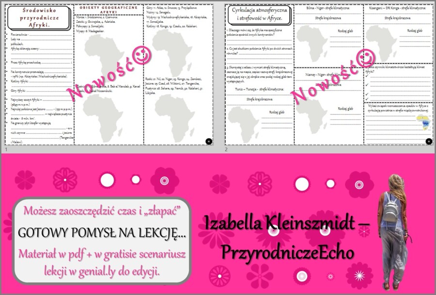 Karta pracy/stacje zadaniowe/notatki do tematu „Środowisko przyrodnicze Afryki.” w pdf. W gratisie niekomercyjny scenariusz lekcji/pomysł na lekcję w programie genial.ly do edycji. Geografia 8. Dział „Afryka”.