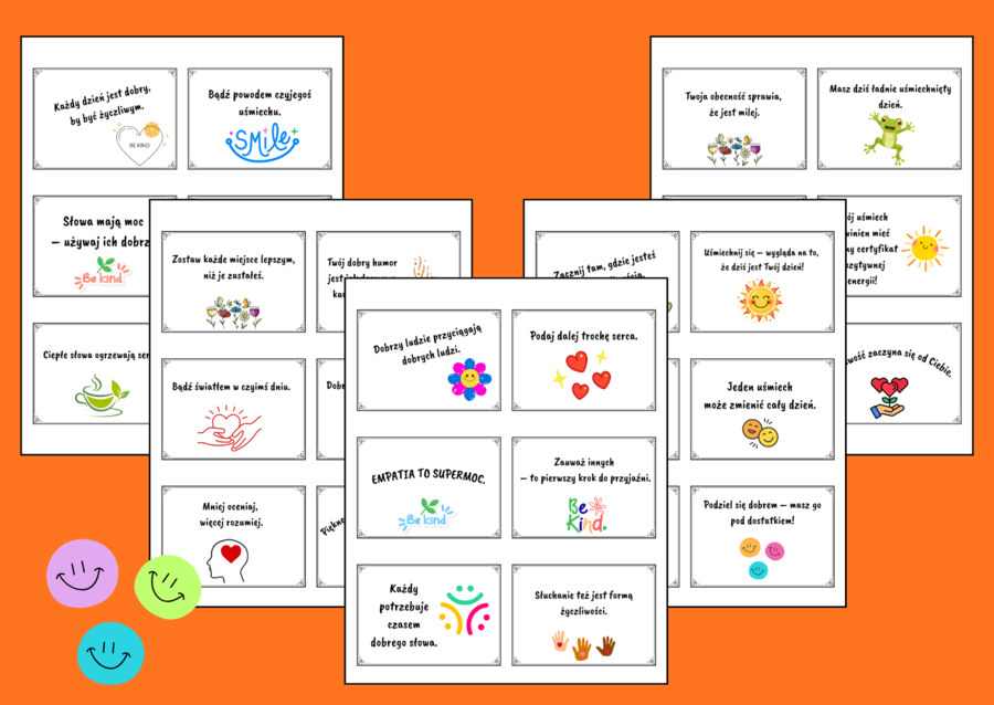 ⭐Dzień Życzliwości i Pozdrowień - Dzień Uśmiechu - Kącik Dobrego Słowa – pudełko pełne życzliwości - – zajęcia z wychowawcą – biblioteka – fiszki