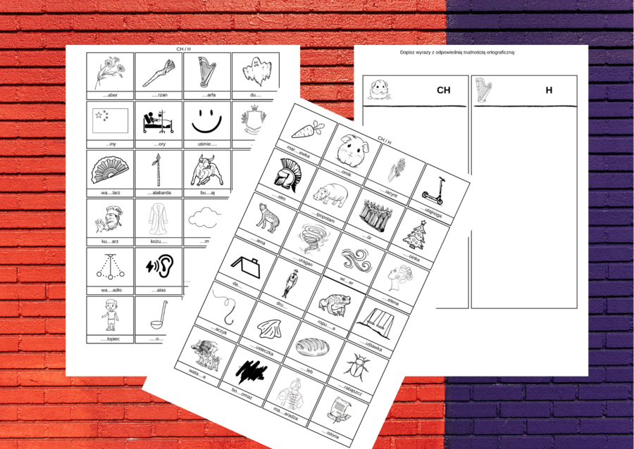 WYRAZY Z „Ó” i „U”, "RZ" i "Ż", "CH" i "H" – ortografia – wklejka – karta pracy - ZESTAW