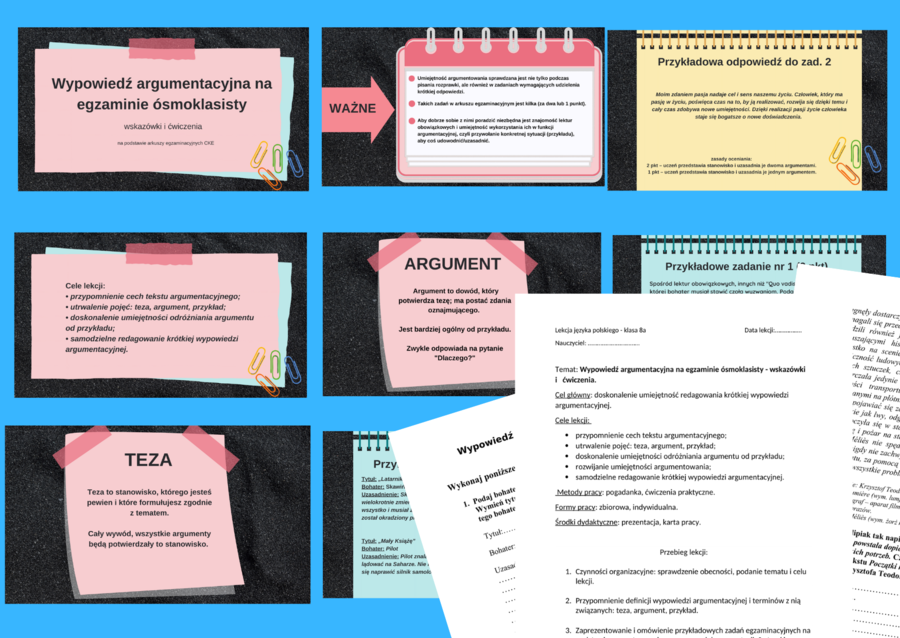 KRÓTKA WYPOWIEDŹ ARGUMENTACYJNA – prezentacja + karta pracy + scenariusz lekcji - lektury - kl.7-8 - egzamin