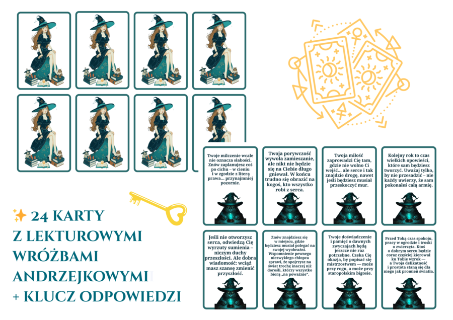 Lekturowe wróżby andrzejkowe - 24 karty + klucz odpowiedzi