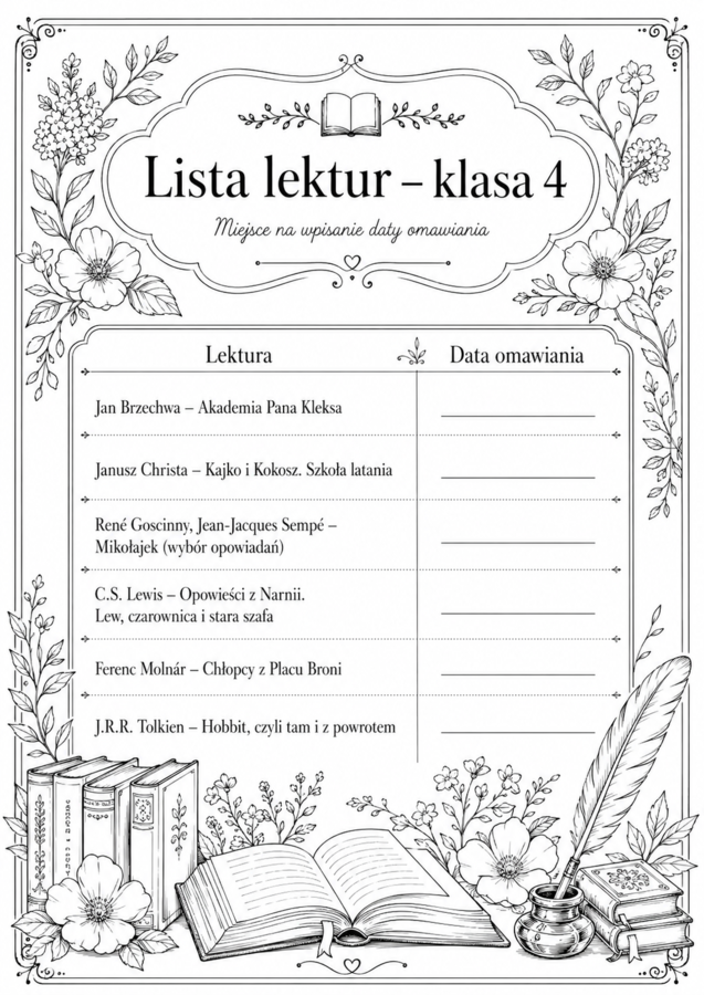 Lista lektur do klasy 4 (różne wersje) czarno-białe