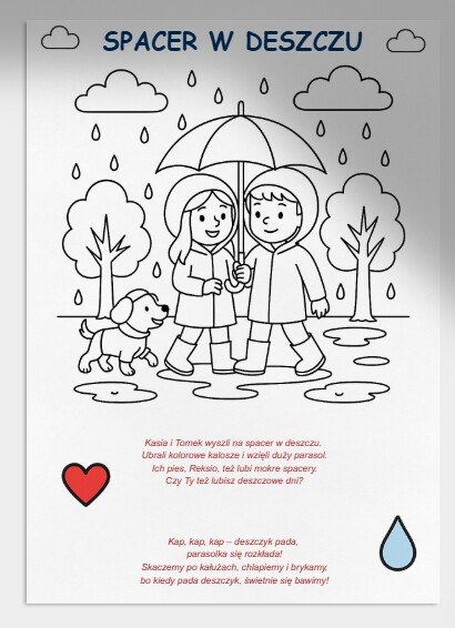 Kolorowanki: parasolki, kalosze, deszcz.