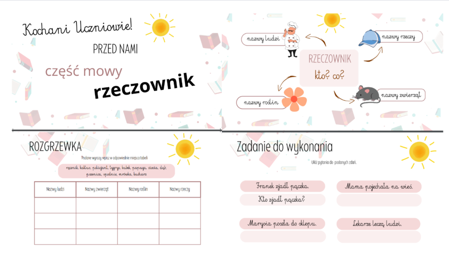 RZECZOWNIK - prezentacja, ćwiczenia, tablice demonstracyjne, karty pracy