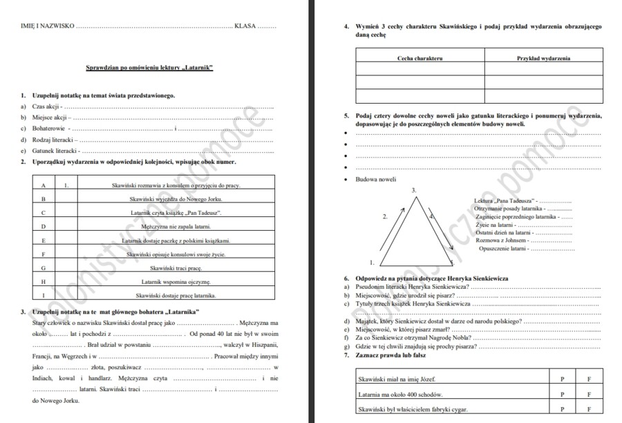Sprawdzian po omówieniu lektury Latarnik