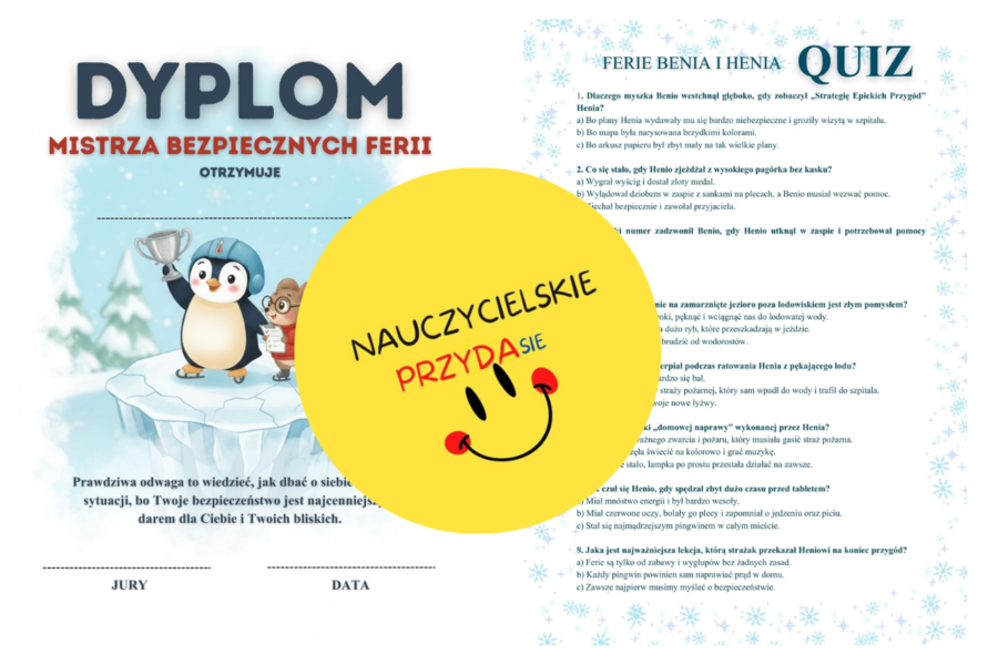 Bezpieczne ferie zimowe: gazetka, opowiadanie, ulotki dla rodziców, quiz dla dzieci, kolorowanka, książeczka, kolorowanka XXL, przedszkole i szkoła