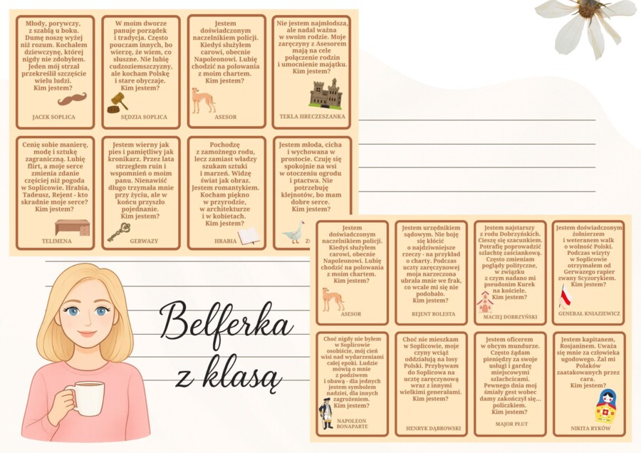 Gra edukacyjna: zgadnij, kim jestem "Pan Tadeusz" (karty do gry)