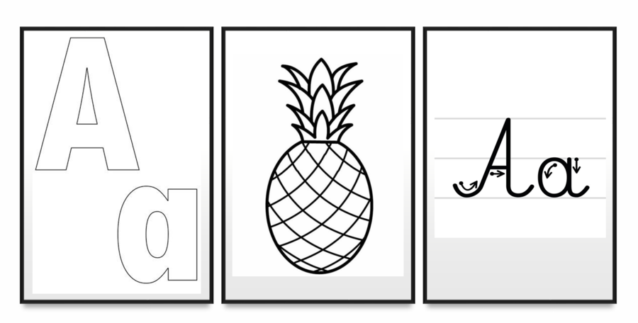 Litery i cyfry – kolorowanki edukacyjne + atrybuty (PDF do druku)