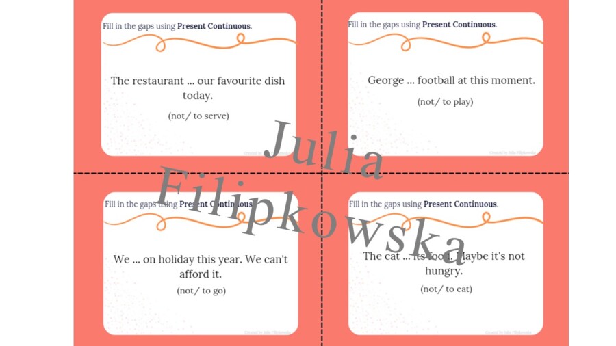 Present Continuous/ Karty do mówienia/ Mówienie/ Speaking/ Konwersacje/ Klasy 4-8/ Klasy 4-6/ Klasy 6-8/ SP/ Warm-up/ Rozgrzewka/ Speaking cards/ Gramatyka/ Grammar/ Speaking cards grammar/ Grammar cards/ E8