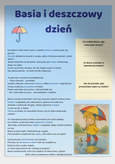 Opowiadanie pt. "Basia i deszczowy dzień"