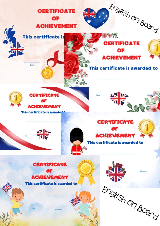 Certificate of Achievement - Dyplom / Certyfikat ukończenia kursu z języka angielskiego. 5 Wzorów