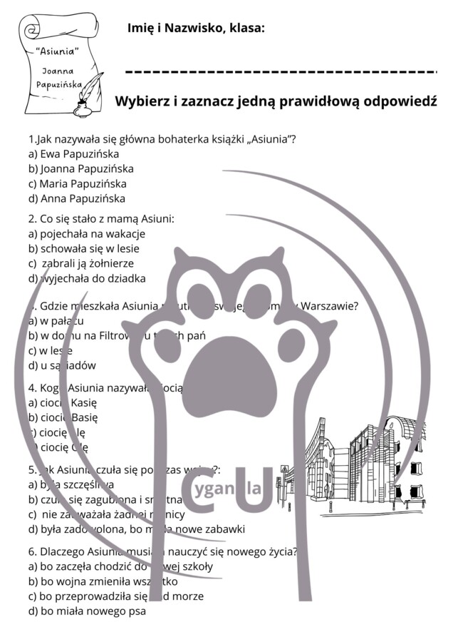 Karty Pracy z odpowiedziami do lektury „Asiunia” Joanny Papuzińskiej