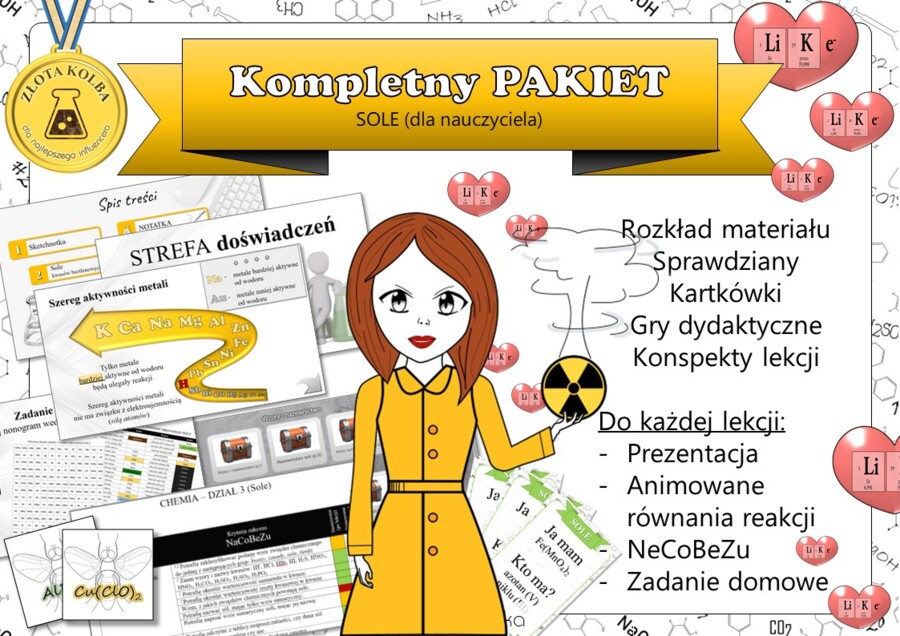 Chemia Klasa 8. Sole. Kompletny PAKIET materiałów do całego działu dla nauczyciela. Prezentacja. Karta pracy. Gra dydaktyczna. Zadanie. Powtórzenie wiadomości. Kartkówka. Sprawdzian.