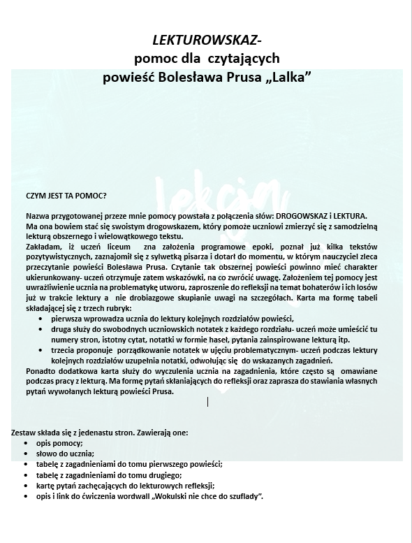 LEKTUROWSKAZ - POMOC DLA UCZNIA CZYTAJĄCEGO "LALKĘ" BOLESŁAWA PRUSA