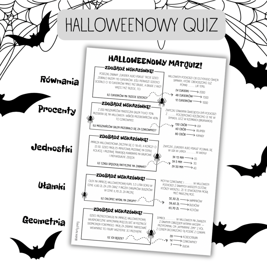 QUIZ matematyczny na HALLOWEEN / równania / ułamki / czas / geometria / procenty