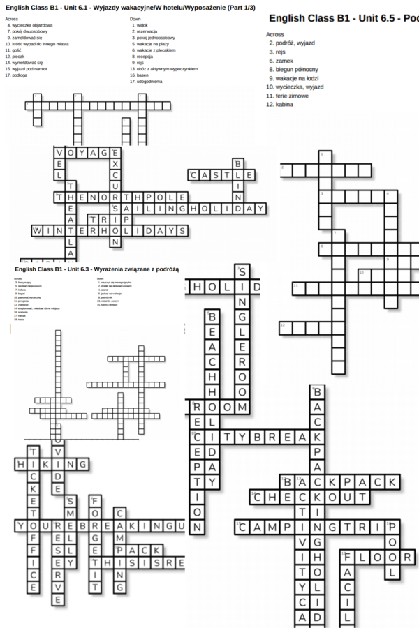 English Class B1 – Unit 6 – krzyżówki – Wyjazdy wakacyjne_W hotelu_Wyposażenie/Out of class/Wyrażenia związane z podróżą/Podróżowanie, często mylone słowa/6.4