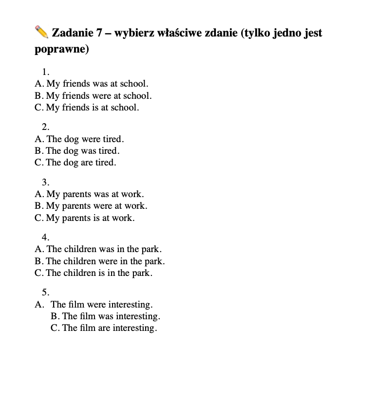 Past Simple dział 1 - was/were Klasa 5