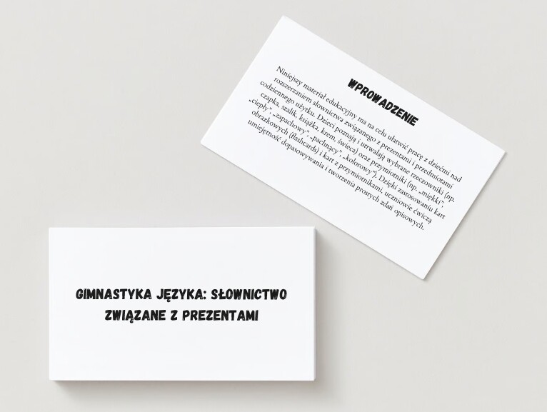 Gimnastyka języka: słownictwo związane z prezentami. Ilustracje przedmiotów (flashcards). Słowa kluczowe.