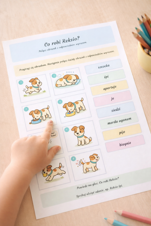 Co robi Reksio? – dopasuj czynność do obrazka