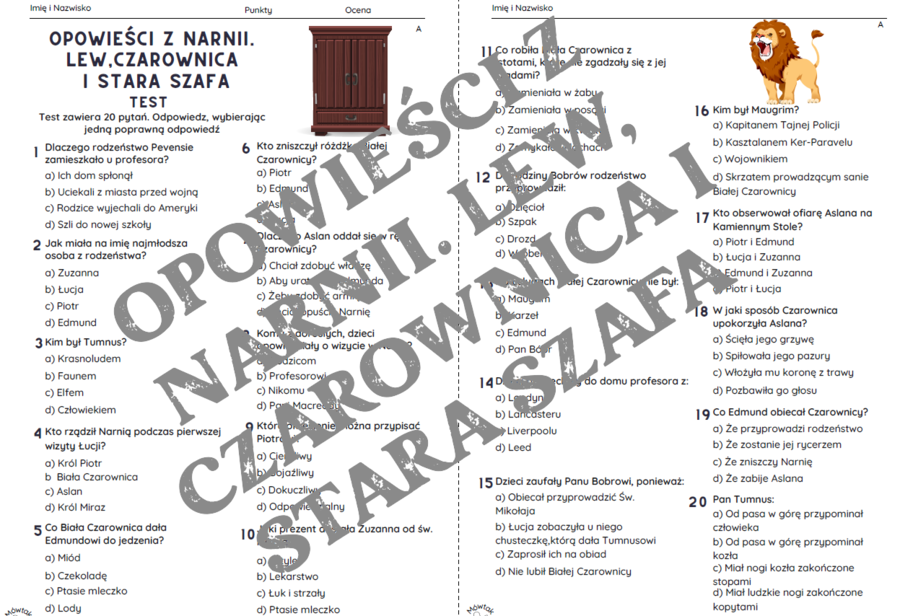 "Opowieści z Narnii. Lew, czarownica i stara szafa" - test znajomości lektury