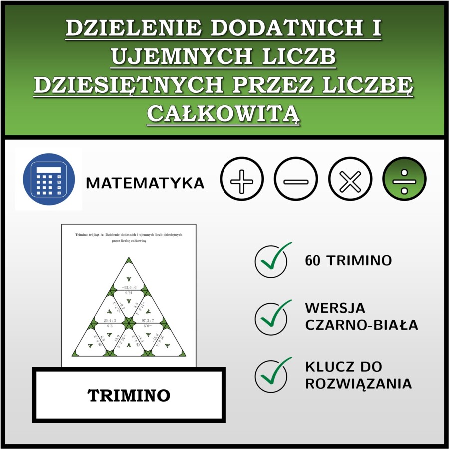 Trimino - Dzielenie dodatnich i ujemnych liczb dziesiętnych przez liczbę całkowitą | matematyka