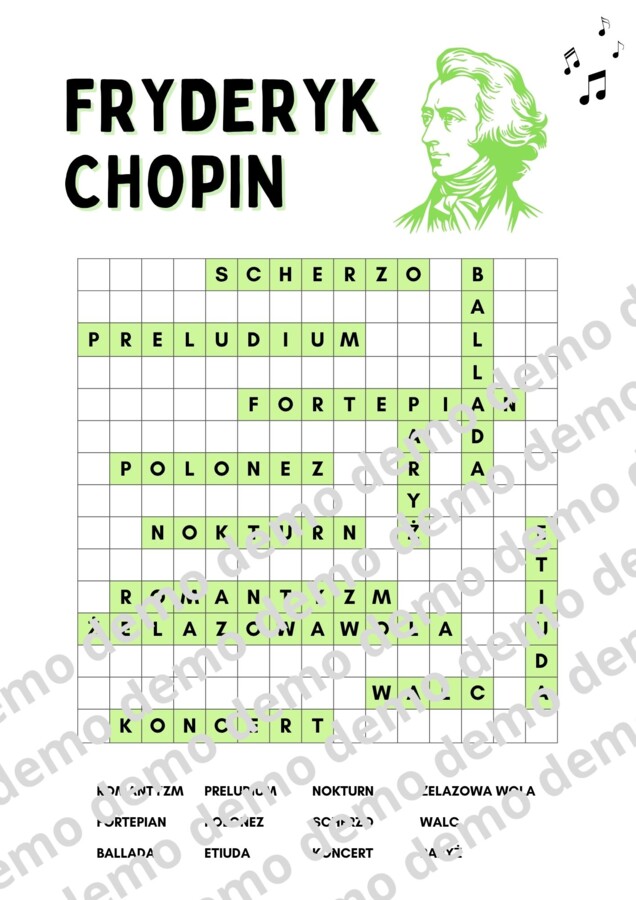 Muzyka, klasa 4-5 Fryderyk Chopin. Karta pracy: wykreślanka.