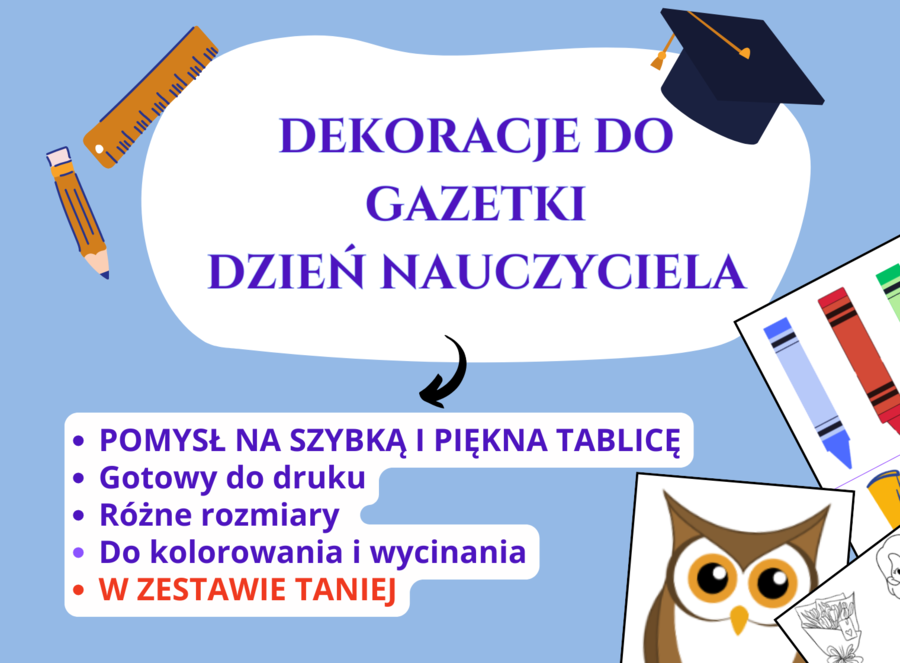 🎉 Dekoracje do gazetki – Dzień Nauczyciela, szkoła podstawowa, klasy 1–8, gazetka, dekoracje, wycinanie, kolorowanie, tablica, świetlica, godzina wychowawcza