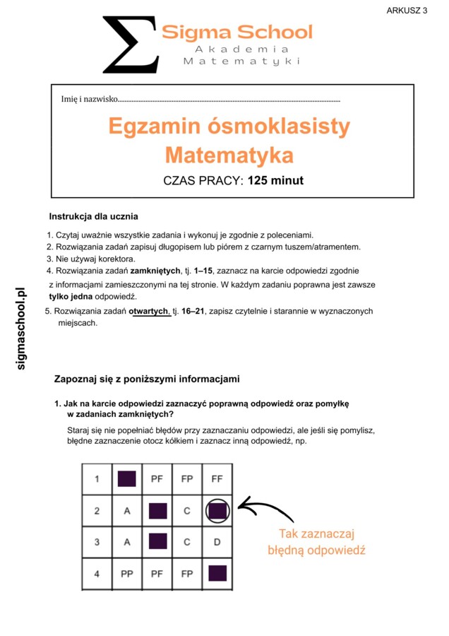 Próbny Egzamin Ósmoklasisty z Matematyki nr 3 (Z kluczem odpowiedzi) zgodny z  CKE  2026