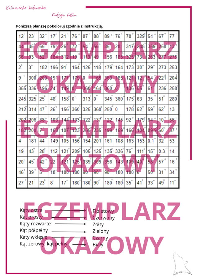 Kolorowanka kodowanka - rodzaje kątów (pies pluto)