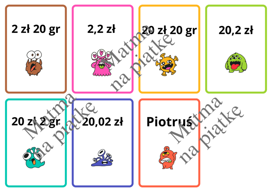 Zapis cen za pomocą ułamków dziesiętnych/Gra matematyczna Piotruś/Karty do gry