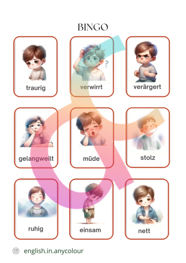 Niemiecki - Gefühle - 2 układy kart obrazkowych, Bingo, Zestaw ćwiczeń z zakresu Uczuć