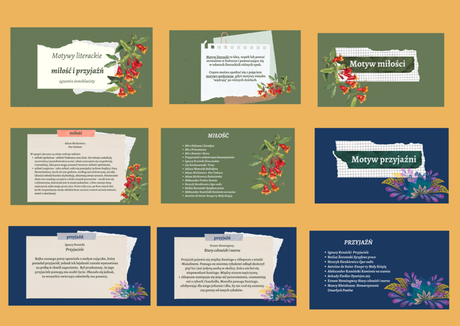 MOTYWY LITERACKIE – miłość i przyjaźń – prezentacja – 29 slajdów – lektury kl.7-8 i nie tylko – egzamin – powtórzenie