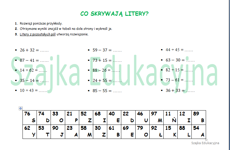 Co skrywają litery? Dodawanie i odejmowanie w zakresie 100 bez przekroczenia progu dziesiątkowego.