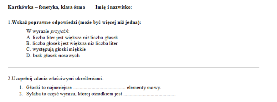 Kartkówka fonetyka, klasa ósma