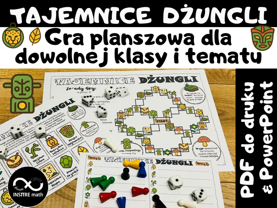 Gra planszowa Tajemnice Dżungli dla dowolnej klasy i tematu. Gra matematyczna lub z dowolnego przedmiotu. Dzień Gier Planszowych, planszówka, gra powtórzeniowa. + 2 wersje 20 zadań (ułamki i działania pisemne)