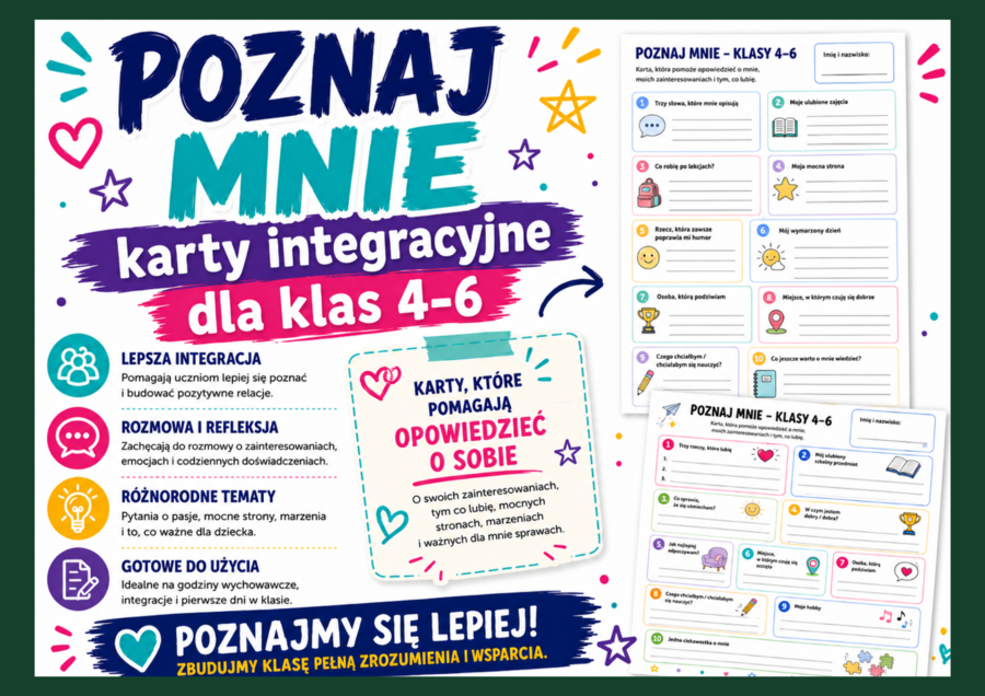 💜 POZNAJ MNIE – karty integracyjne dla klas 4–6