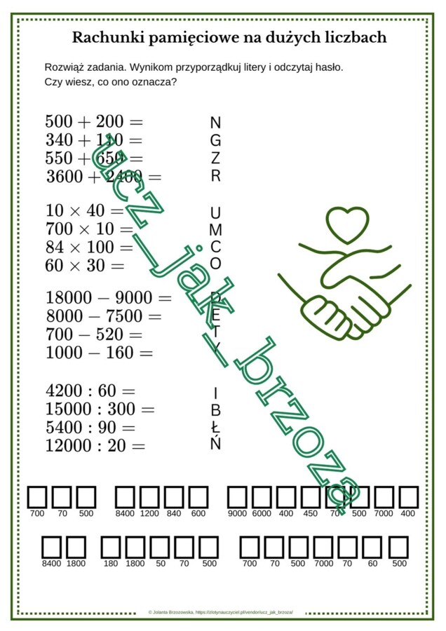 Rachunki pamięciowe na dużych liczbach, karta pracy z hasłem, klasa 4, Dzień Tolerancji